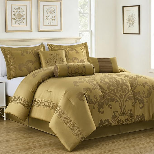 Chezmoi Collection 7-Piece Jacquard Floral Comforter Set (King, Gold)