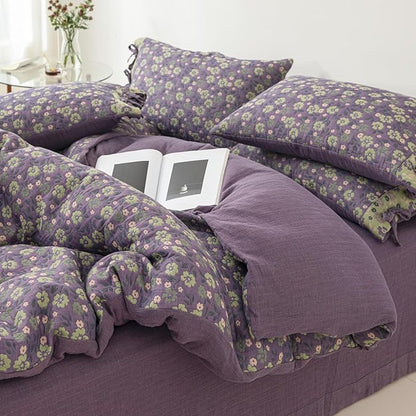 VM VOUGEMARKET Rustic Floral Jacquard Duvet Cover Queen Double Layer Gauze Cotton Purple Green Flower Duvet Cover with 2 Bowknot Pillowcases for a Comfortable Home Sleep