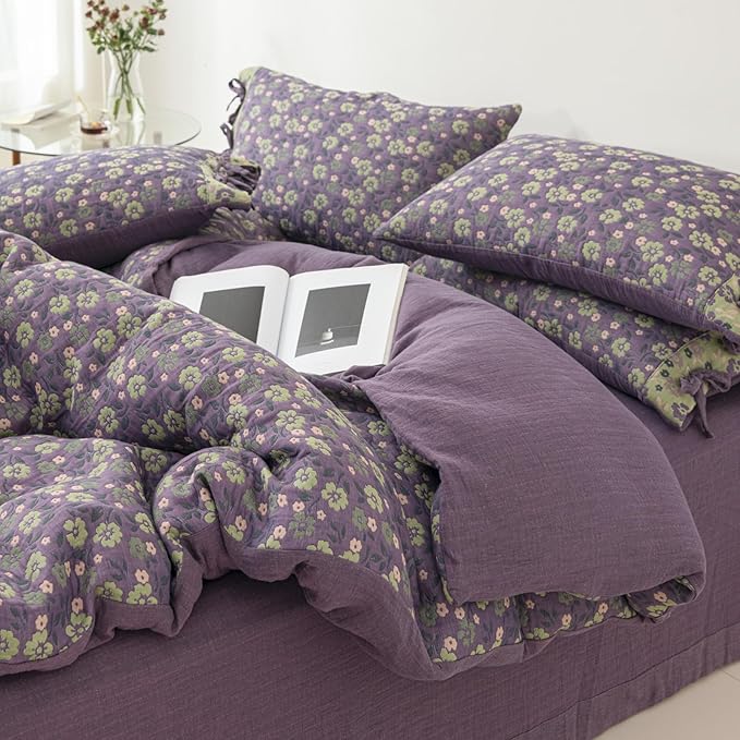VM VOUGEMARKET Violet Duvet Cover King Double Gauze Cotton Farmhouse Jacquard Green Floral Duvet Cover with 2 Bowknot Pillowcases Rustic Style, Breathable for a Cozy Home Atmosphere