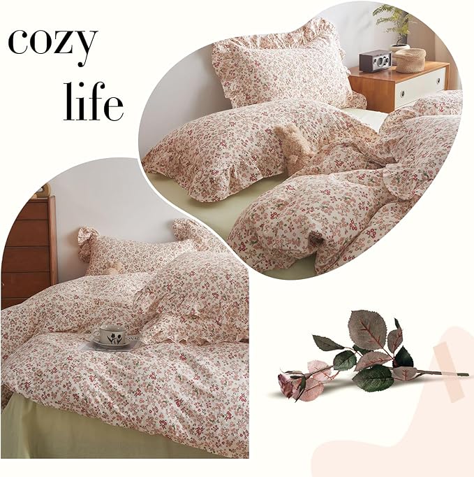 VM VOUGEMARKET Red Flower Comforter Set King Aesthetic Bedding Set Garden Style Blooming with Ruffled Pillow Shams for Girls Women Bed in a Bag King Comforter Set-104x90 Inch