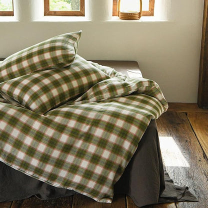 EAVD Vintage Style Gingham Duvet Cover King Soft 100% Muslin Cotton Yarn-Dyed Textured Chic Pink&Green Grid Plaid Bedding Set with 2 Pillowcases British-Style Plaid Duvet Cover with Zipper