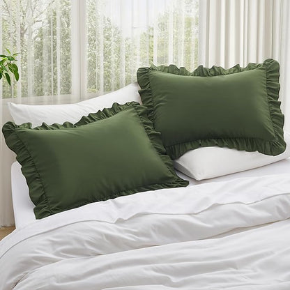 KKJIAF Ruffle Pillow Cases King Size Set of 2, Ruffled Pillow Covers with Envelope Closure, Wrinkle Resistant Pillowcases 20" x 36", Ruffled Pillow Shams, Olive Green