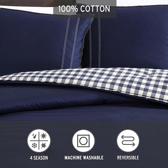 Eddie Bauer - Twin Comforter Set, Reversible Cotton Bedding with Matching Sham, Pre-Washed for Added Softness (Kingston Navy, Twin)