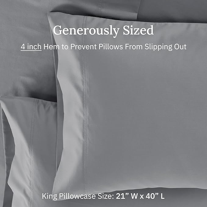 Luxuriously Soft Premium 600 Thread Count, 100% Cotton Set of 2 Cases, Crisp Pillow Cases King Size Set of 2, Fits King Pillows (Mist Grey)