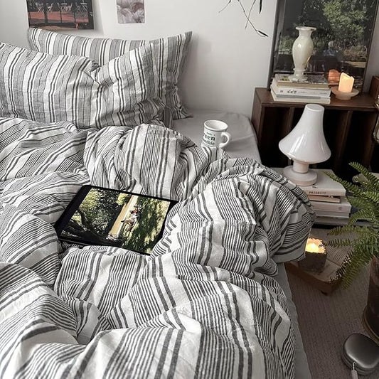 mixinni Vintage Grey & White Striped Comforter Set Full Size - Soft Washed Cotton 3-Piece Neutral Bedding Set, Retro Geometric Pattern, All-Season Breathable & Fluffy for Men, Boys
