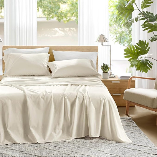 Comfort Spaces 100% Cotton Sheets Twin, Breathable, Soft Cotton Sheets, Naturally Cool Cotton Bed Sheets with 12" Elastic Pocket Fits up to 14" Mattress, All Season Sheet Set, Twin Ivory 3 Piece