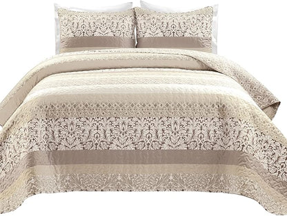 Lush Decor Boho Stripe Reversible Cotton Quilt 3-Piece Set, King, Neutral - Bold Colorful Bohemian Bedding Set