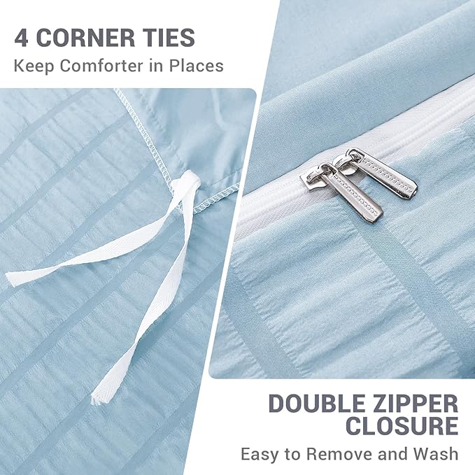 HYMOKEGE Lake Blue Duvet Cover Queen Size, Ultra Soft 3-Piece Seersucker Duvet Cover Set with Zipper Closure, Soft Brushed Microfiber Bedding Set with 8 Corner Ties (90"x90", 2 Pillowshams)