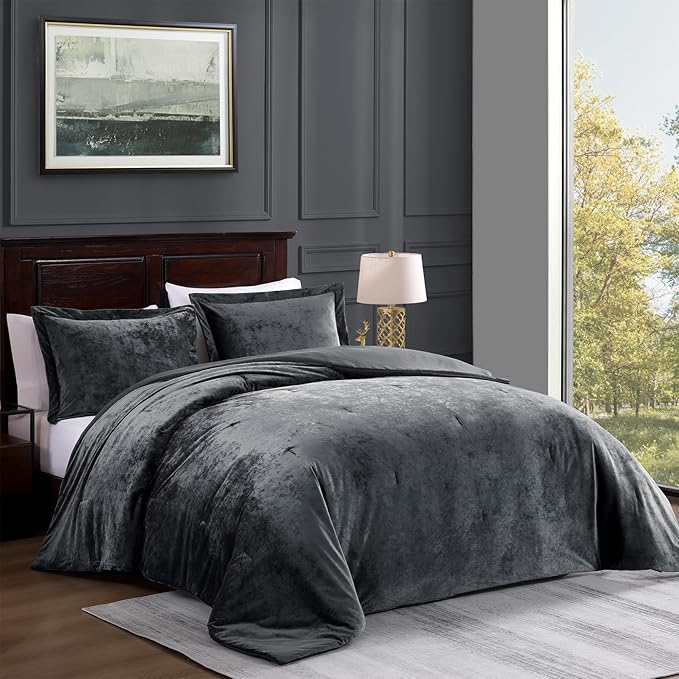 TAMGHO Velvet Comforter Queen - Grey Soft Crushed Velvet 3pc Bedding Set (92"x96" Comforter + 2x20 x26 Shams), All-Season & Easy Care | Soft, Neutral Color, Velvet Texture