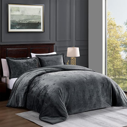 TAMGHO Velvet Comforter Queen - Grey Soft Crushed Velvet 3pc Bedding Set (92"x96" Comforter + 2x20 x26 Shams), All-Season & Easy Care | Soft, Neutral Color, Velvet Texture