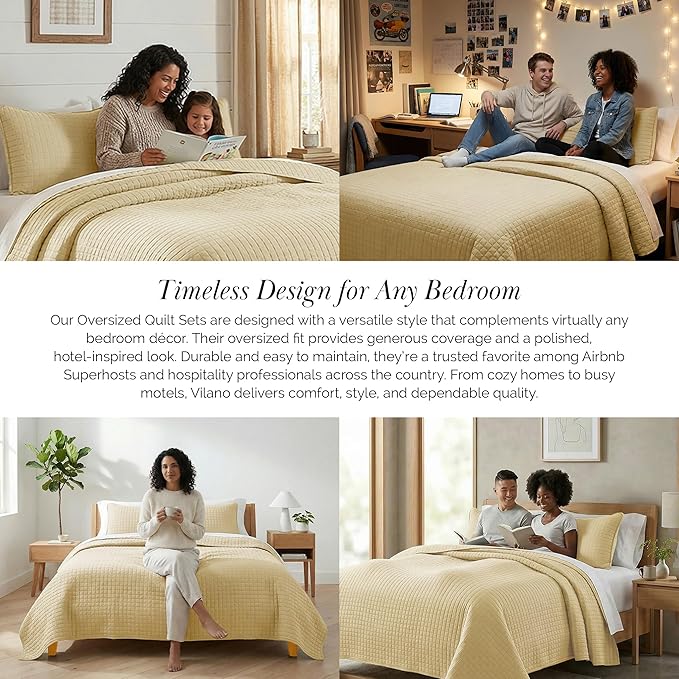 Southshore Fine Living, Inc. Full/Queen Quilt Bedding Set, Cozy Coverlet Queen Size Bedspread, Wrinkle-Free, Pet Hair Resistant Bedding, Full Size Quilt Coverlet w/2 Pillow Shams, Gold