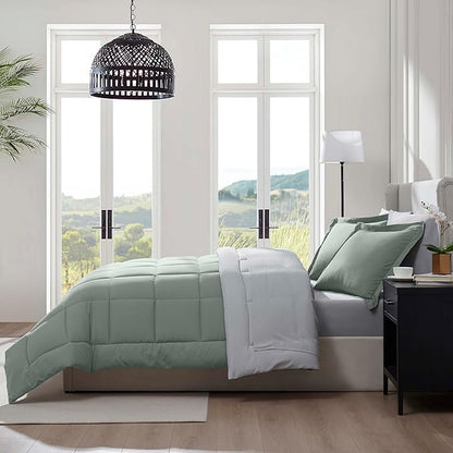 Nestl 7 Piece King Comforter Set – Sage Green Reversible Bed in a Bag – Complete King Size Bedding Set with Sheets, Pillowcases and Shams