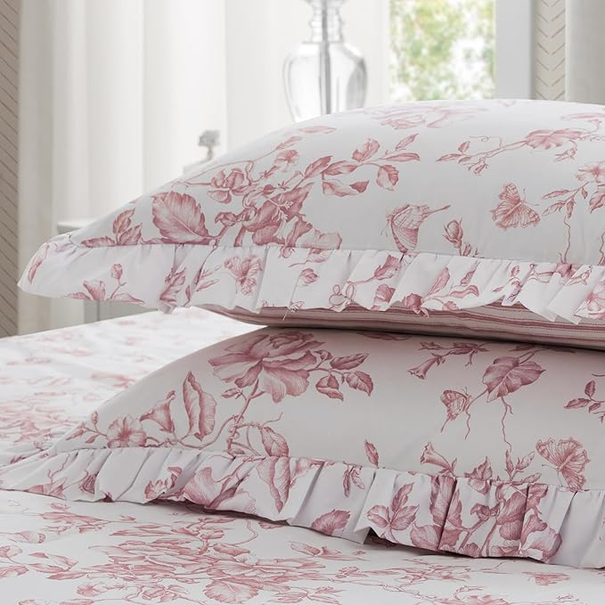 Madison Park Essentials Adele Pink Floral King Size Comforter Set – Vintage Bed in a Bag with Sheets, Reversible Ruffle Bedding, Elegant Gift for Her