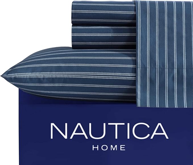 Nautica - Full Sheets, Premium Cotton Percale Bedding Set, Striped Home Decor, Oeko-Tex Certified (Richmond Stripe Blue, Full)