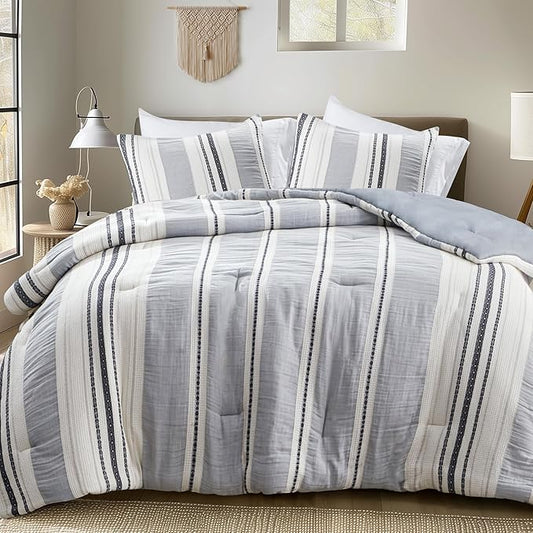 Hyde Lane Modern Farmhouse Comforter Set – King Size, 3-Piece Indigo Blue Striped Cotton Comforter with Matching Pillow Shams, Luxuriously Soft All-Season Bedding