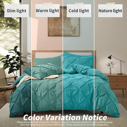 VACVELT 5 Piece Pinch Pleated Duvet Cover Full/Queen Size Set, Teal Pintuck Duvet Cover with Zipper & 8 Ties, Shabby Chic Microfiber Duvet Cover + 2 Pillow Shams + 2 Pillowcases, No Comforter