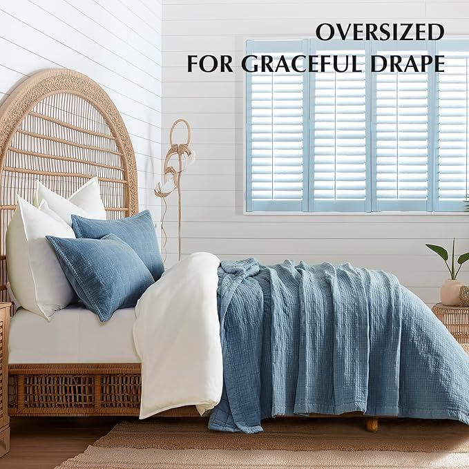 EVERGRACEHOME Stonewashed Cotton Quilt Set Full Queen Size, Ultra Soft Oversized Bedspread Coverlet Set, Lightweight Crinkle Box Stitch Bedding Sets for All Season, with 2 Shams, Sonoma Blue