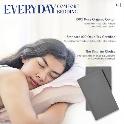 Mayfair Linen 100% Organic Cotton Percale Pillow Cases Queen/Standard Size Set of 2 - Percale Pillowcovers Standard/Queen (Dark Grey), Soft Cooling Pillow Case for Sleeping, Cotton Pillowcases