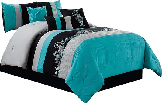Chezmoi Collection Napa 7-Piece Luxury Leaves Scroll Embroidery Bedding Comforter Set (Full, Teal Blue/Gray/Black)