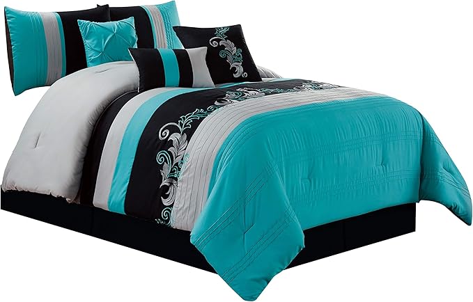 Chezmoi Collection Napa 7-Piece Luxury Leaves Scroll Embroidery Bedding Comforter Set (King, Teal Blue/Gray/Black)