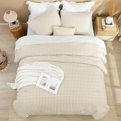Andency Beige Gingham Comforter Set Twin(66x90Inch), Cream Checkered Grid Plaid Buffalo Bed Set for Girls Boys Kids Teens, 2 Pieces Lightweight Polyester Geometric Preppy Bedding