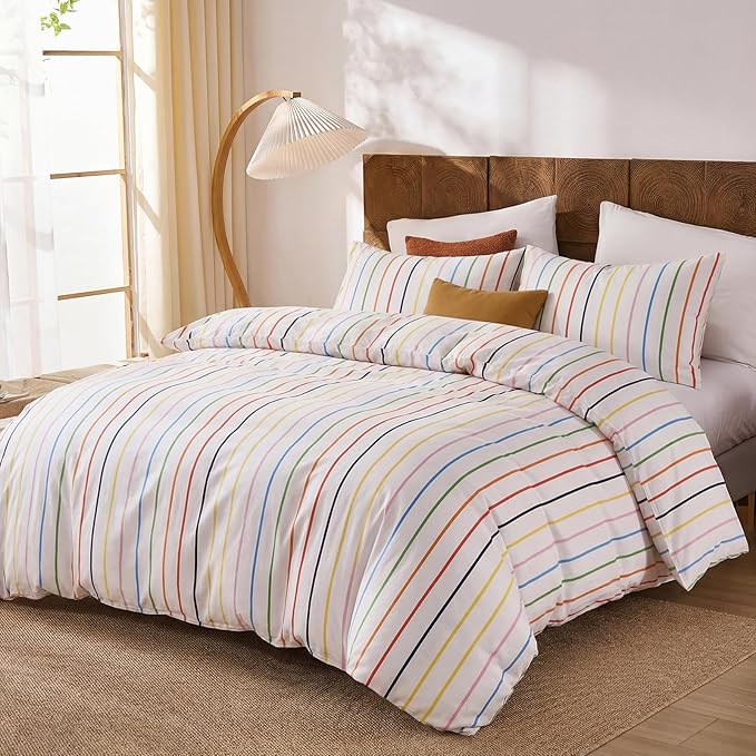 Merryword Rainbow Striped Duvet Cover Set Queen Size, 100% Cotton Bedding Set with Zipper Closure & 8 Corner Ties, Luxury Linen Like Bedding, Soft Breathable Comforter Cover for All Seasons