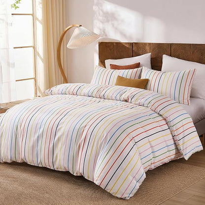 Merryword Rainbow Striped Duvet Cover Set Queen Size, 100% Cotton Bedding Set with Zipper Closure & 8 Corner Ties, Luxury Linen Like Bedding, Soft Breathable Comforter Cover for All Seasons
