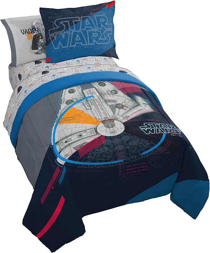 Jay Franco Kids Comforter Set Includes Sheets and Pillow Covers - Soft and Cozy Bed Set for Stylish Room Decor, Dark Blue - Star Wars, 7 Piece Full Bedding