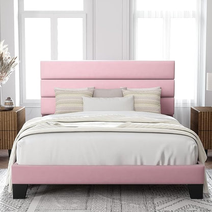 Allewie Full Size Platform Bed Frame with Velvet Upholstered Headboard Pink | Wooden Slats Support, Fully Upholstered Mattress Foundation, No Box Spring Needed, Easy Assembly, Noise-Free, Pink