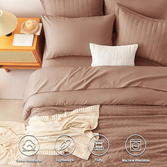 CozyLux Full Size Comforter Sets with Sheets 7 Pieces, Mocha Mousse Seersucker Bed in a Bag Textured Luxury Soft Bedding Set with Down Alternative Comforter, Sheets, Pillowcases & Shams for All Season