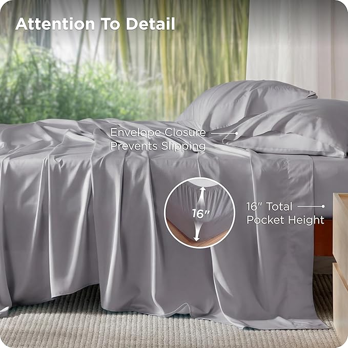 Bedsure King Size Sheet Set, Cooling Sheets, Rayon Derived from Bamboo, Deep Pocket Up to 16", PureWoven, Breathable & Soft, Bed Sheets, Hotel Luxury Silky Bedding for Hot Sleepers, Silver Grey