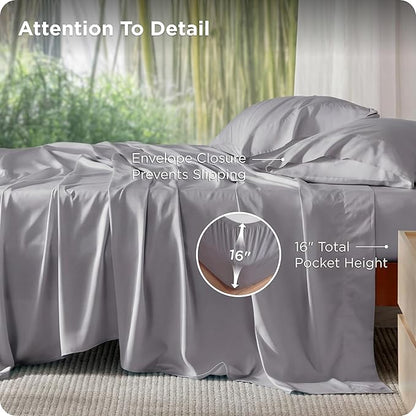Bedsure King Size Sheet Set, Cooling Sheets, Rayon Derived from Bamboo, Deep Pocket Up to 16", PureWoven, Breathable & Soft, Bed Sheets, Hotel Luxury Silky Bedding for Hot Sleepers, Silver Grey