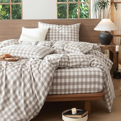 MooMee Gingham Duvet Cover Set 100% Washed Cotton Linen Like Textured Breathable Durable Soft Comfy Modern Checkered Design (Buffalo Plaid Tannish Linen Grey, Queen 90"x90")