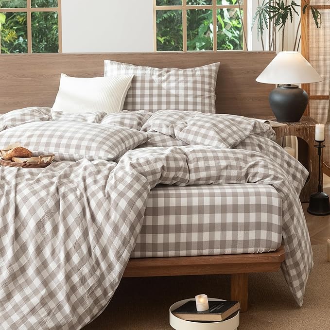 MooMee Gingham Duvet Cover Set 100% Washed Cotton Linen Like Textured Breathable Durable Soft Comfy Modern Checkered Design (Buffalo Plaid Tannish Linen Grey, Oversized Full 82"x86")