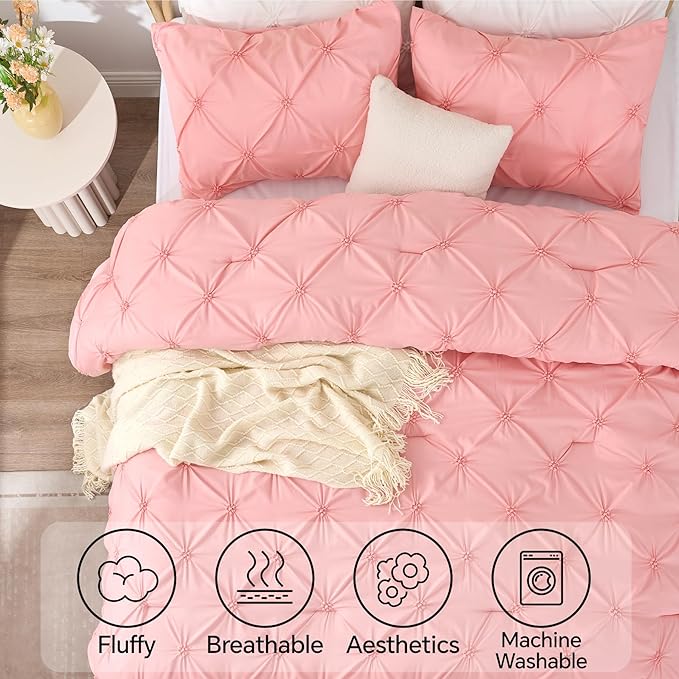 BEDELITE Pink Queen Comforter Set - 3 Pieces Boho Pintuck Bedding Comforter Sets, Lightweight Soft & Warm Bed Comforter with 2 Pillowcases for All Season,Valentines Day | mothers day gifts, Multiple color, Modern Comforter, High Quality