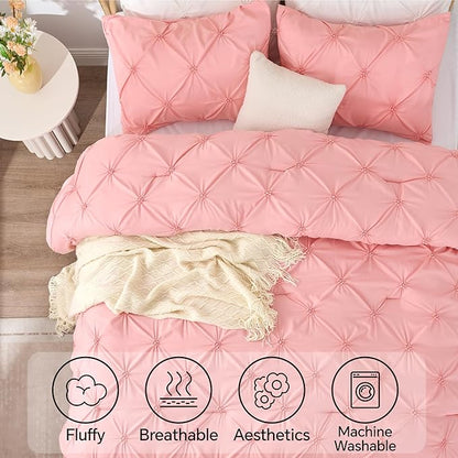 BEDELITE Pink Queen Comforter Set - 3 Pieces Boho Pintuck Bedding Comforter Sets, Lightweight Soft & Warm Bed Comforter with 2 Pillowcases for All Season,Valentines Day | mothers day gifts, Multiple color, Modern Comforter, High Quality