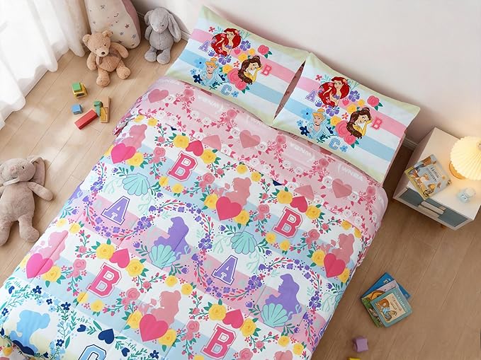 Northwest Disney Princess Full Size Comforter Set, 5 Piece Reversible Design Ultra Soft Fade Resistant Microfiber Kids Bedding Set, Officially Licensed