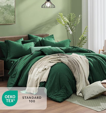 Monbix King Size Comforter Set, Emerald Green King Bedding Set Reversible, King Comforter Set 7 Pieces, Cationic Dyeing Bed in a Bag with Comforter, Sheets, Pillowcases & Shams