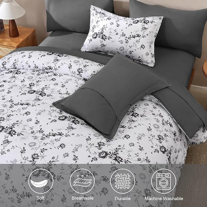 Luxudecor Floral King Comforter Set 7 Pieces Bed in a Bag, Black Rose Romantic Flower Bed Set, Soft Reversible Comforter with Sheet Set 104"x90"
