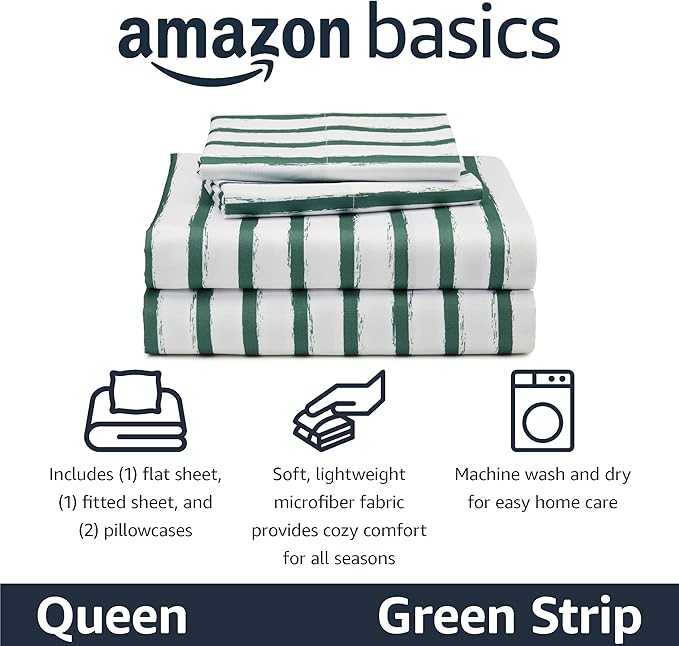 Amazon Basics Microfiber Kids' Sheet Set with 2 Pillowcases, 4-Piece, Green Stripes, Queen