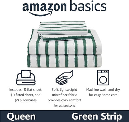 Amazon Basics Microfiber Kids' Sheet Set with 2 Pillowcases, 4-Piece, Green Stripes, Queen