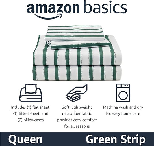 Amazon Basics Microfiber Kids' Sheet Set with 2 Pillowcases, 4-Piece, Green Stripes, Queen