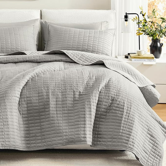 Comfort Spaces Kienna Quilt Set- Double Sided Stitching Design Summer Blanket, Lightweight, Soft, All Season Bedding Layer, Matching Sham, Grey, Coverlet Full/Queen(90"x90") 3 Piece