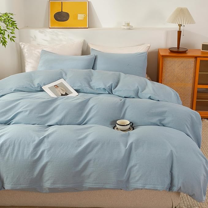 ECOCOTT 100% Washed Cotton Duvet Cover California King Size – Soft & Breathable Linen Feel Bedding Set, 3 Pieces Light Blue Comforter Cover with Zipper Closure for All Seasons