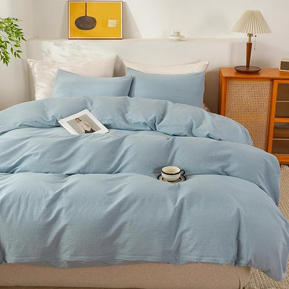 ECOCOTT 100% Washed Cotton Duvet Cover California King Size – Soft & Breathable Linen Feel Bedding Set, 3 Pieces Light Blue Comforter Cover with Zipper Closure for All Seasons