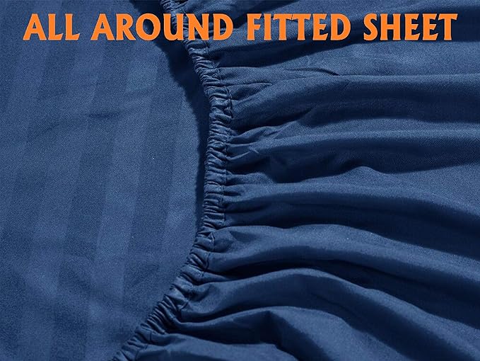 Elegant Comfort Softest and Coziest 4-Piece Sheet Set - 1500 Premium Hotel Quality Microfiber - Luxurious Wrinkle Resistant 4-Piece Damask Stripe Bed Sheet Set, Twin XL, Navy Blue