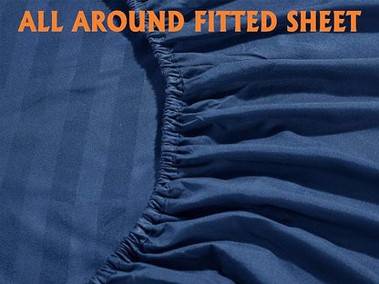 Elegant Comfort Softest and Coziest 4-Piece Sheet Set - 1500 Premium Hotel Quality Microfiber - Luxurious Wrinkle Resistant 4-Piece Damask Stripe Bed Sheet Set, Twin XL, Navy Blue