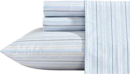 Nautica - Sheets, Cotton Percale Bedding Set with Matching Pillowcase, Crisp & Cool, Deep Pocket (Camp Stripe Blue, Twin XL)