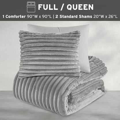 Intelligent Design Queen Comforter Set, Cozy Plush Bedding, Microfiber Reverse, 3 Piece, Lightweight, Super Soft Ribbed Velvet Comforter 2 Shams, All Season Fluffy Bed Set, Avril, Full/Queen Grey