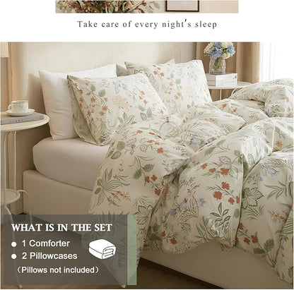 VM VOUGEMARKET Green Floral Comforter Set Full 3 Pcs Vintage Red Flower Down Comforter with 2 Pillowcases All Season Soft Fluffy & Lightweight Comforter Set for Girls Women 80"x90"